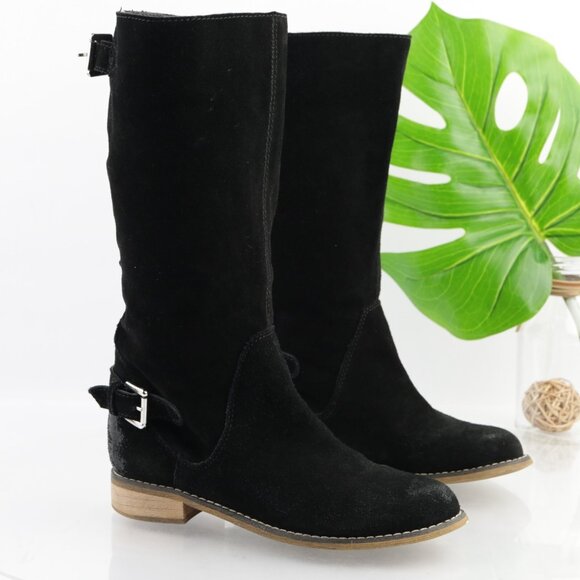 Kelsi Dagger Womens Tassie Boots Size 7.5 Black Suede Slouch Pull On Moto Buckle - Picture 15 of 16